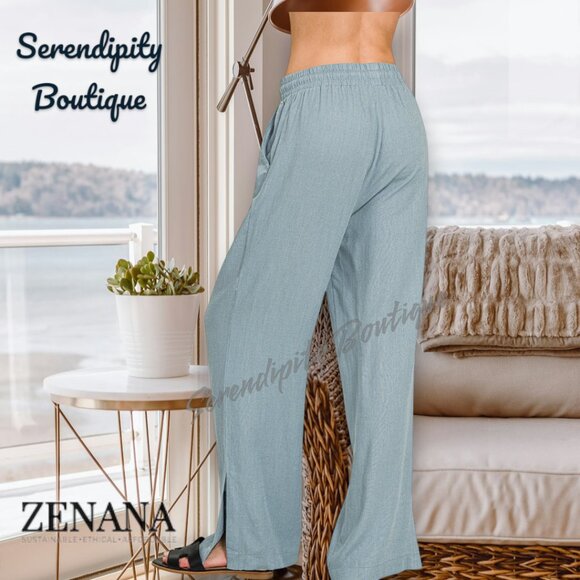 Zenana Oversized Comfy Flare Leg Elastic Drawstring Lightweight Linen Pant. - Picture 3 of 9